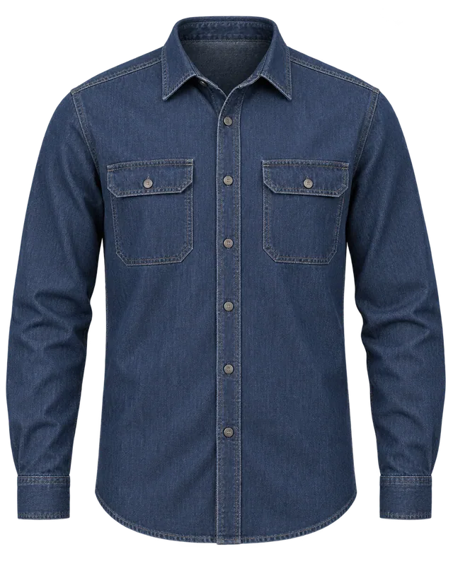 Camisa de jean operativa. Base lisa. Hombre / recto · Manga larga · Dos con tapa · Sin cinta. Vista Frontal.