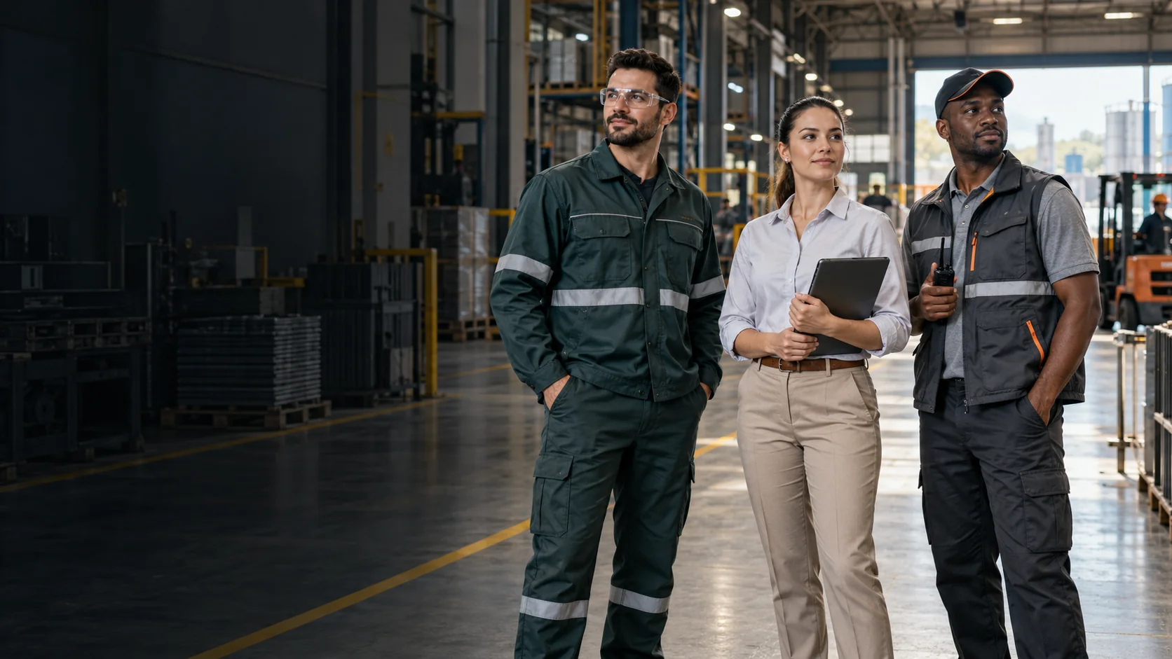 Tres modelos con dotación operativa, administrativa y de logística en un entorno industrial. Imagen referencial.